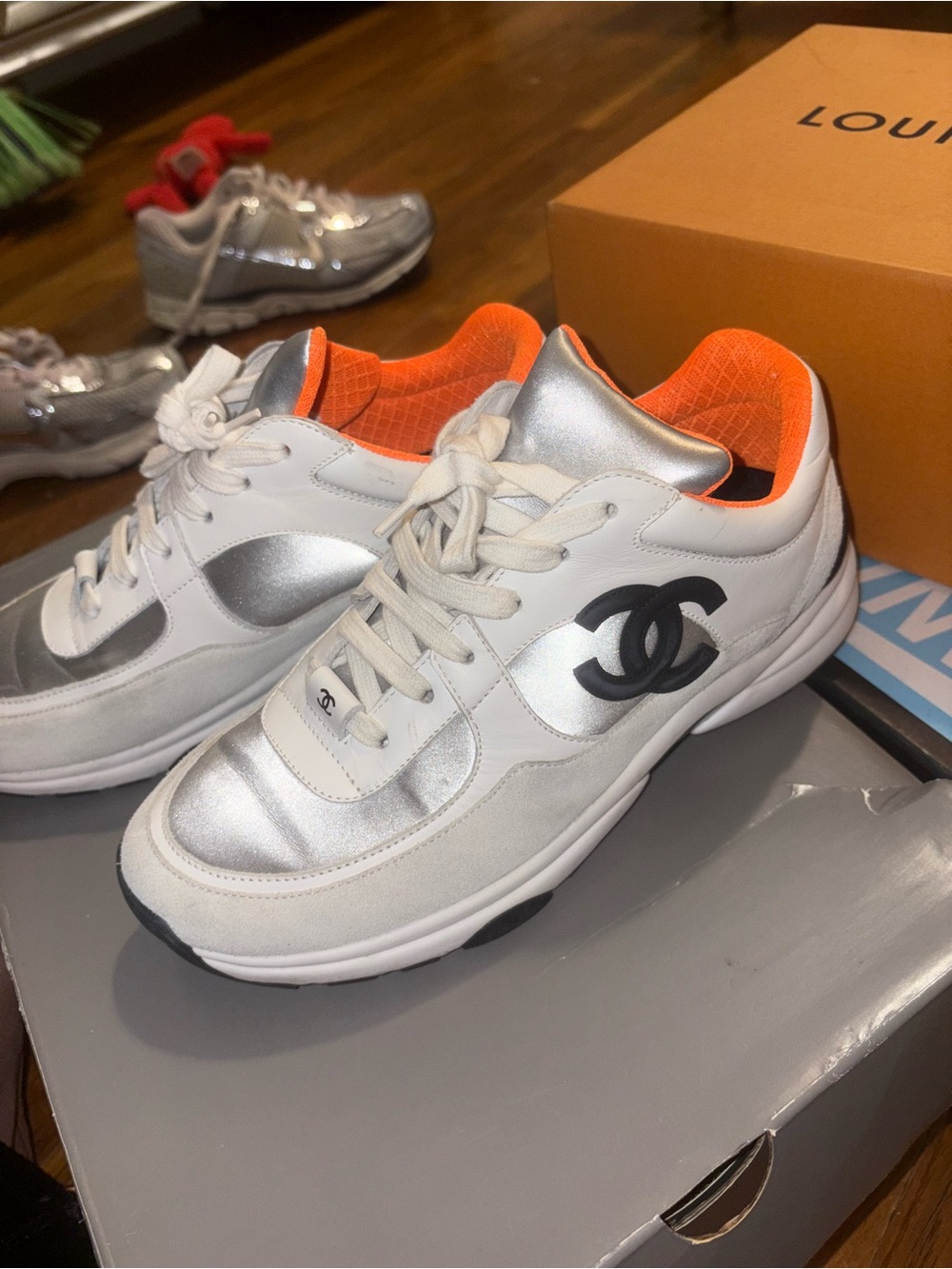 CHANEL Silver & Orange Lined Sneakers